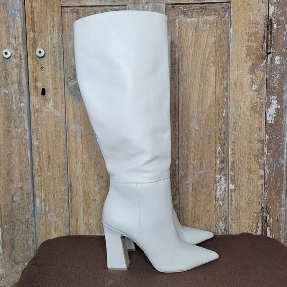 STEVE MADDEN Padmy Knee High Leather Block Heel Boots Ivory sz 7.5 - Picture 3 of 11
